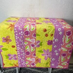 POTTERY BARN KIDS Quilted Hearts & Flowers Crib Blanket Floral Pink Yellow Green